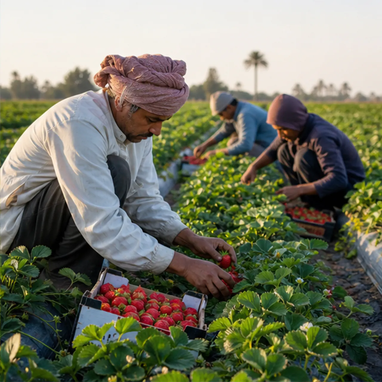 Fresh strawberries in an Egyptian field