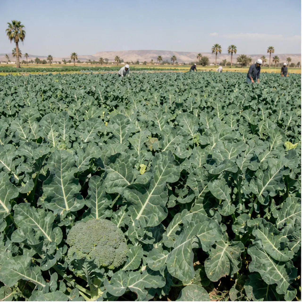 Fresh broccoli growing in rows